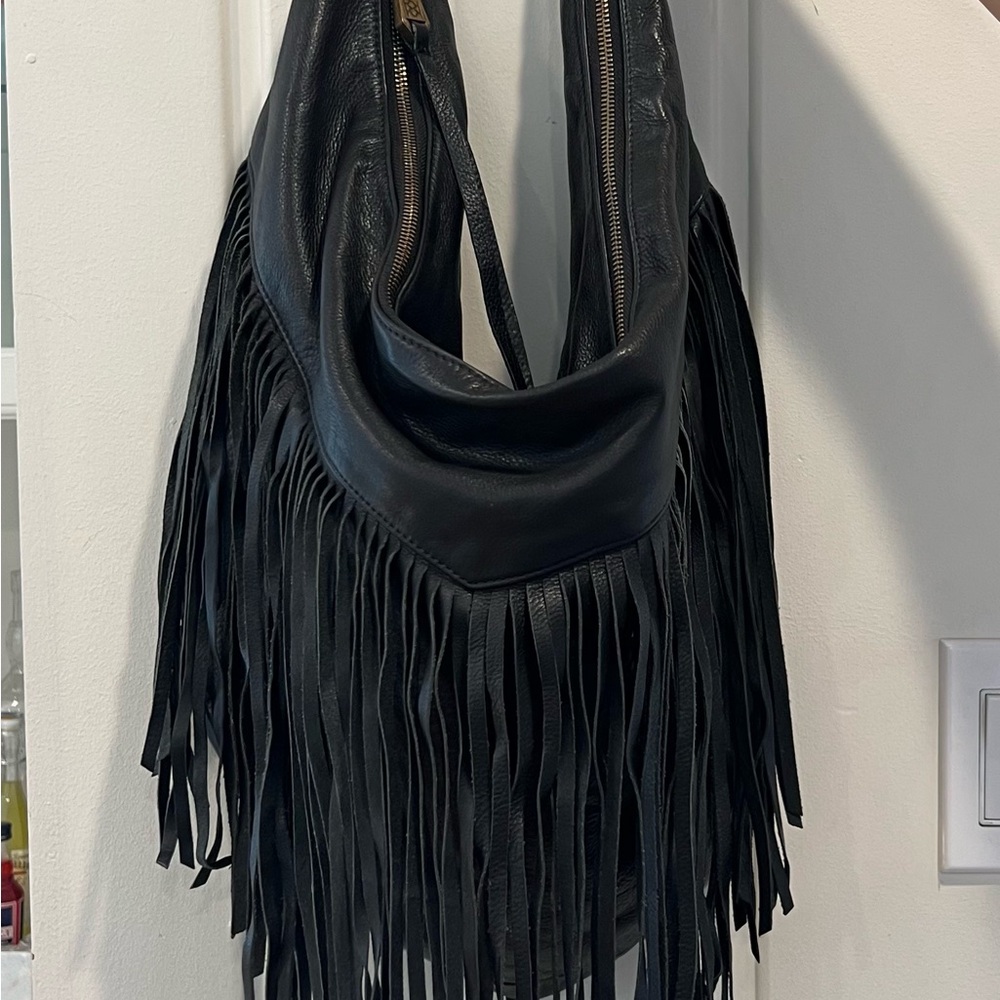 Black Leather Fringe Hobo Bag by Christopher Kon